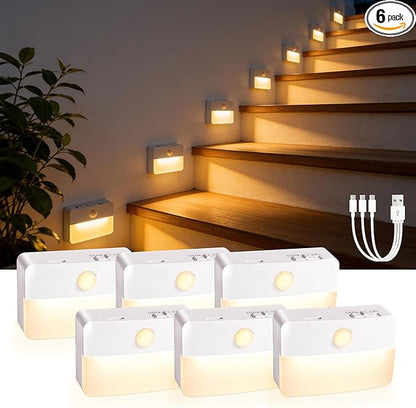 6 Pack Rechargeable Motion Sensor Stair Lights Indoor, Automatic Activated LED Night Light Wireless Battery Powered Portable Hallway Step Toilet Closet Lamp for Bedroom Kitchen ﻿