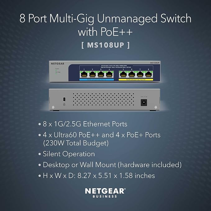 NETGEAR 8-Port PoE Multi-Gigabit Ethernet Unmanaged Network Switch (MS108UP)