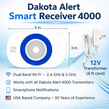 Dakota Alert SR-4000 Smart Receiver – Wi-Fi Wireless Alarm Receiver with Smartphone App Alerts, Works with Dakota Alert 4000 Series Sensors, 1-Mile Range System, 2.4 & 5 GHz WiFi, Relay & 12V Outputs