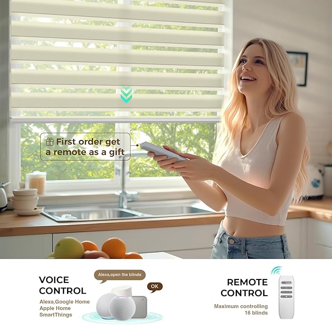 HeyBlinds Motorized Zebra Blinds with Remote, Smart Cordless Electric Zebra Shades for Indoor Windows Compatible with Alexa Google & Homekit, Custom Size (Simple-Beige LF)