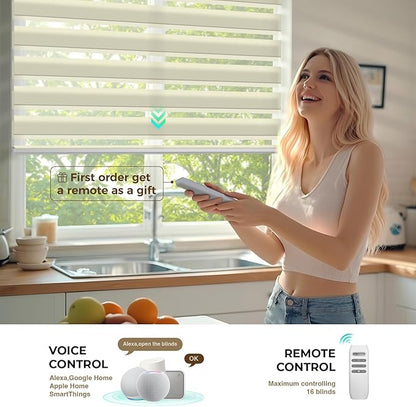 HeyBlinds Motorized Zebra Blinds with Remote, Smart Cordless Electric Zebra Shades for Indoor Windows Compatible with Alexa Google & Homekit, Custom Size (Simple-Beige LF)