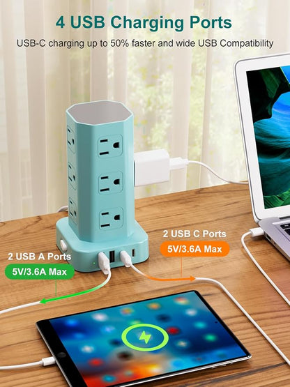 Power Strip Tower Surge Protector, 6FT Flat Plug Extension Cord with Multiple Outlets, 12 AC Outlets 4 USB (2 USB C), Desktop Charging Station with Surge Protection for Home Office Dorm Room, Mint