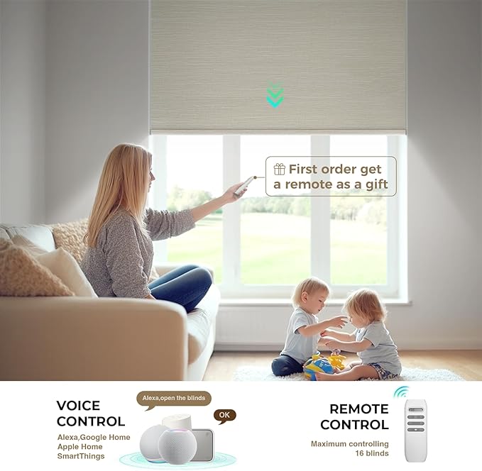 HeyBlinds Motorized Blinds with Remote, 100% Blackout Smart Blinds, Automatic Shades for Windows Compatible with Alexa Google and Homekit, Custom Size(Summer Haze-Cream BO)