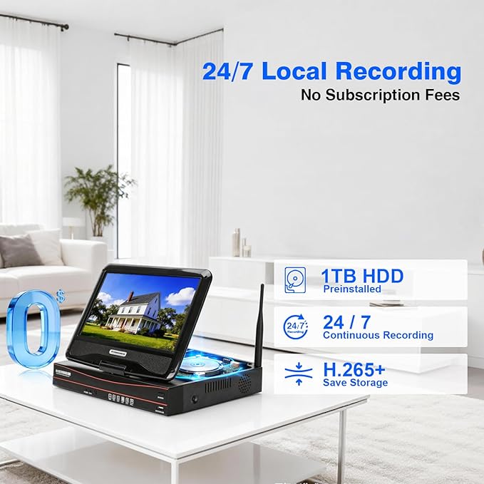 Expandable 16CH NVR Wireless Security System 10.1" Monitor, 4 Dual Lens PTZ 4MP Camera, Humanoid Motion Detection, Spotlight, Siren Alarm, 2-Way Audio, in/Outdoor, 1TB HDD, Color Nihgt Vision