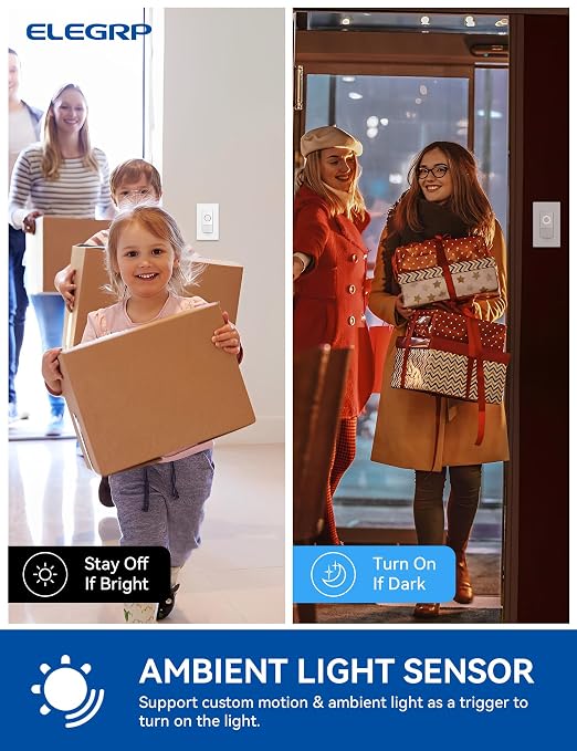 ELEGRP Smart Motion Sensor Switch, 2.4GHz Wi-Fi 3 Way Light Switch Compatible with Alexa & Google Assistant, APP Remote Control, Neutral Wire Required, UL Certified, No Hub Required (White, 2 Pack)
