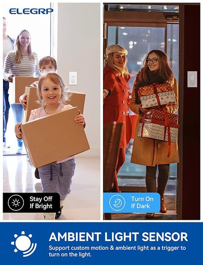 ELEGRP Smart Motion Sensor Switch, 2.4GHz Wi-Fi 3 Way Light Switch Compatible with Alexa & Google Assistant, APP Remote Control, Neutral Wire Required, UL Certified, No Hub Required (White, 2 Pack)