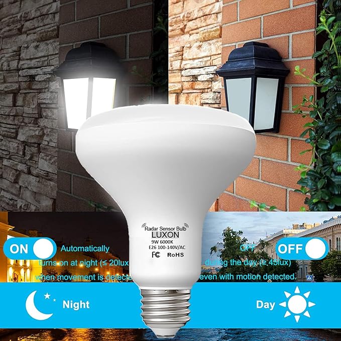 LUXON 9W BR25 Radar Motion Sensor Light Bulbs, Detector Dusk to Dawn 90W Equivalent,Smart Led Lamp Lighting,Indoor Auto On/Off E26 Base Cool White 6000K
