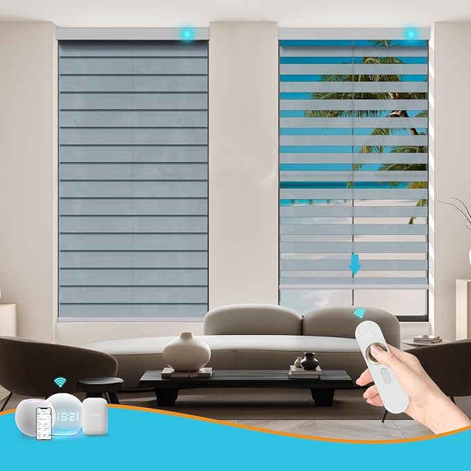 Motorized Zebra Blinds with Remote, Work with HomeKit Alexa, Smart Light Filtering Horizontal Automatic Electric Window Shades for Home Office Customsize(90% Blackout Wide Blue)