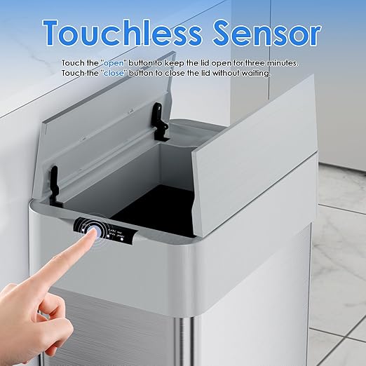 Automatic Trash Can, 21.1 Gallon Touchless Motion Sensor Trash Bin, Smart Garbage Can with Soft-Close Lid, Bag Retainer Ring and Display Light,for Kitchen,Living Room Office (Silver, 80L)