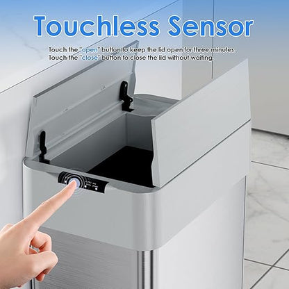 Automatic Trash Can,13.2 Gallon Touchless Motion Sensor Trash Bin, Smart Garbage Can with Soft-Close Lid, Bag Retainer Ring and Display Light,for Kitchen,Living Room Office (Silver, 50L)