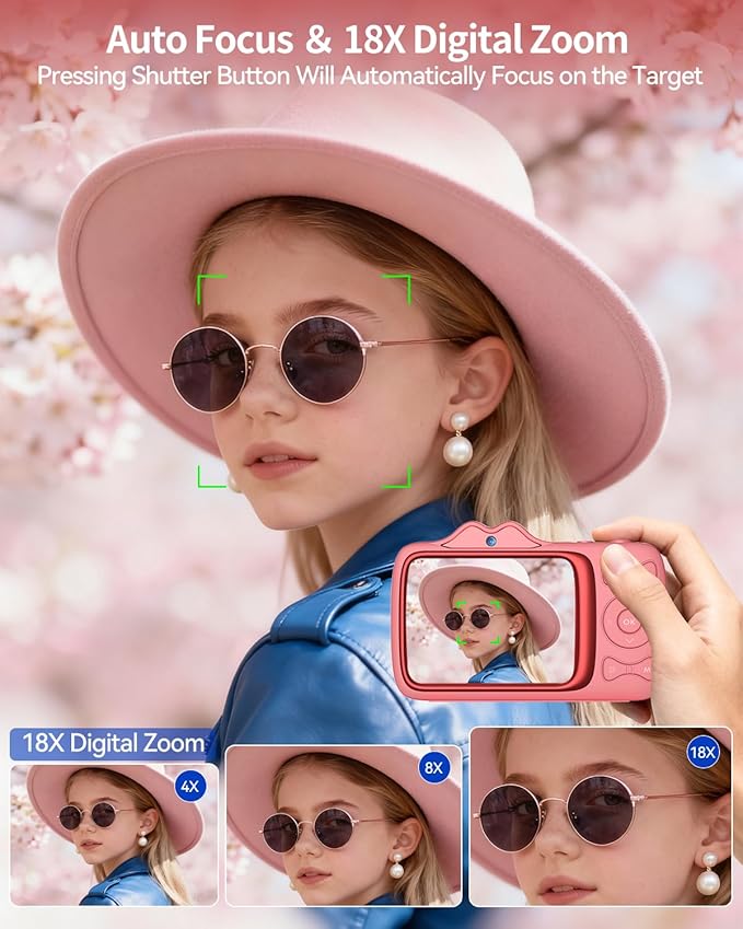 Digital Camera,4K 64MP Autofocus Vlogging Camera with Dual Lens,18X Zoom/WiFi/32GB Card/,Point and Shoot Cameras for Boys Girls Gifts (XJ700-Pink)
