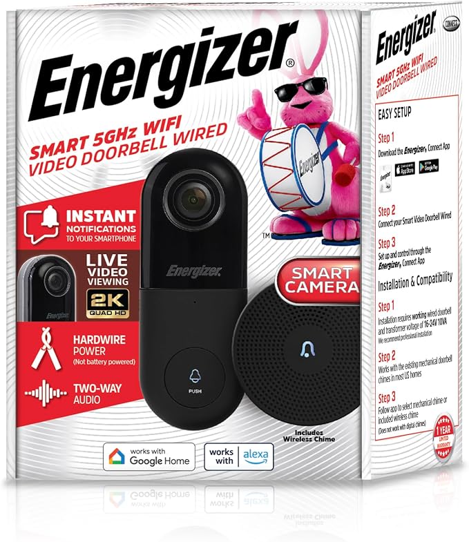 Energizer Smart 2K Doorbell & Chime, Wired Video Doorbell Security Camera, 2-Way Audio, Night Vision, Cloud & Micro SD Storage, Remote Access App, Motion Sensor, Live Viewing, Requires Existing Wires
