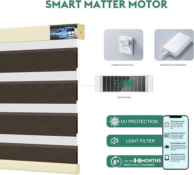 Motorized Zebra Blinds with Remote, Work with HomeKit Alexa Automatic Electric Window Shades 90% Blackout Light Filtering for Smart Home and Office, Customized Size Sheen Brown