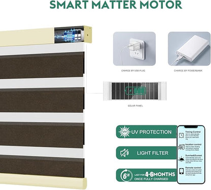 Motorized Zebra Blinds with Remote, Work with HomeKit Alexa Automatic Electric Window Shades 90% Blackout Light Filtering for Smart Home and Office, Customized Size Sheen Brown