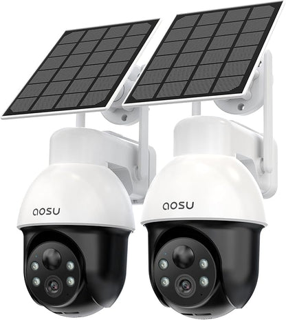 aosu 3K/5MP Solar Security Cameras System Wireless Outdoor, Battery Powered WiFi Camera for Home Security, Panoramic PTZ, Auto Tracking, Human/Vehicle Detection, Color Night Vision (2 Pack)