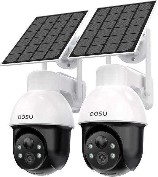 aosu 3K/5MP Solar Security Cameras System Wireless Outdoor, Battery Powered WiFi Camera for Home Security, Panoramic PTZ, Auto Tracking, Human/Vehicle Detection, Color Night Vision (2 Pack)