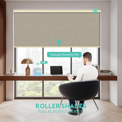 Motorized Blinds with Remote, Blackout Smart Automatic Electric Blinds for Windows Compatible with Alexa Homekit, Cordless Indoor Motorized Roller Shades with Custom Size（Woven Wood）