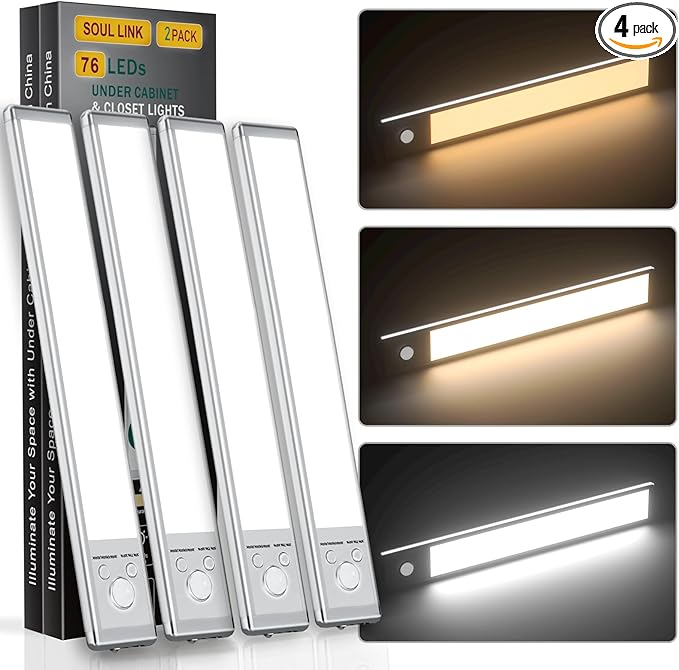 SOUL LINK Under Cabinet Lights, 76 LED Operated Motion Sensor Light Indoor, 1500mAh USB Rechargeable Closet Lights, 4 Pack Magnetic Dimmable Wireless Under Counter Lights for Kitchen, Stairs