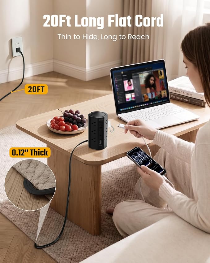 SUPERDANNY Tower Power Strip, 20Ft Extension Cord, 1700J, 12 AC 5 USB,Black | 3 USB A, 2 USB C, Surge Protector Power Tower, Flat Plug, Desk Charging Station with Multiple Outlets, Home Office Dorm Room