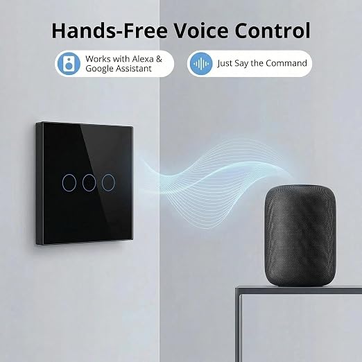 3-Way Smart Switch Wall Light Control Touch,App Remote Control,Black | 3-Way WiFi BT 433MHz RF Tuya App control, Alexa Google voice, no hub, tempered glass touch panel for home indoor lights
