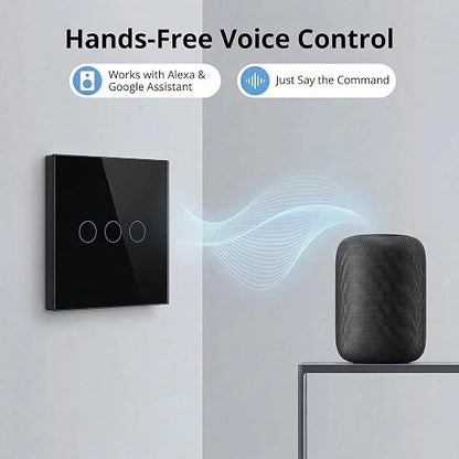 3-Way Smart Switch Wall Light Control Touch,App Remote Control,Black | 3-Way WiFi BT 433MHz RF Tuya App control, Alexa Google voice, no hub, tempered glass touch panel for home indoor lights