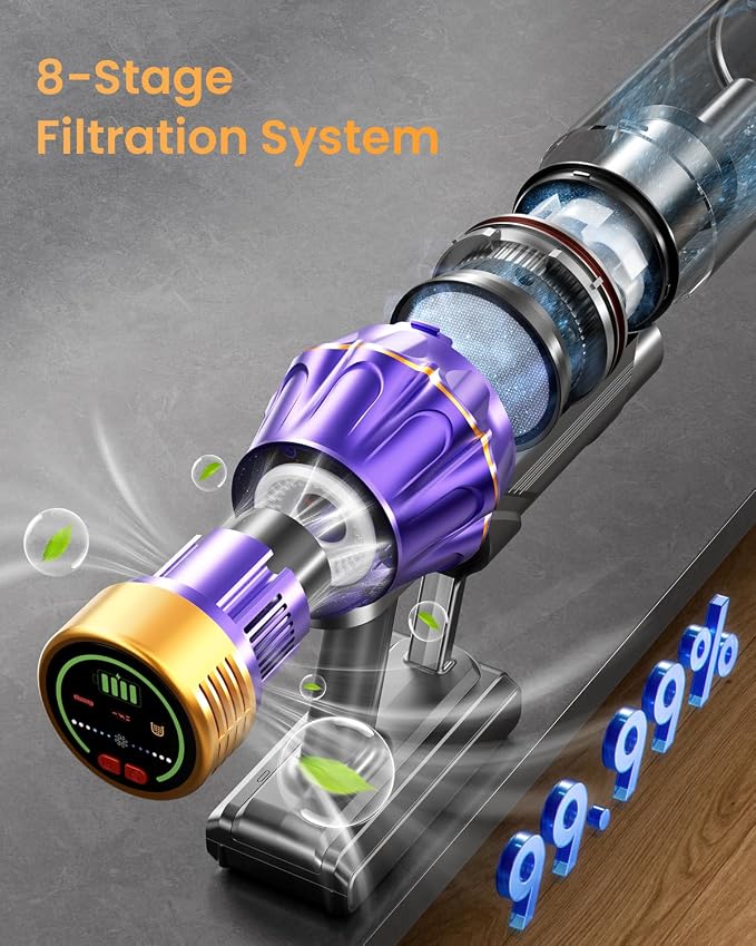 Cordless Vacuum Cleaner, 650W/60KPA/70 Mins Vacuum Cleaners for Home with Self-Standing, Anti-Tangle Vacuum Cordless, Smart Display and 1.8L Cup Cordless Stick Vacuum Cleaner for Pet Hair/Carpets