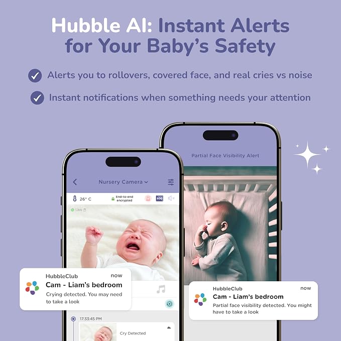 Hubble Connected SkyVision AI-Enhanced Smart Camera Baby Monitor with Secure Connection, Crib Mount, Remote Pan Tilt Zoom, 2-Way Talk, Night Vision, Nightlight, Soothing Sounds, Wellness Tracker, App