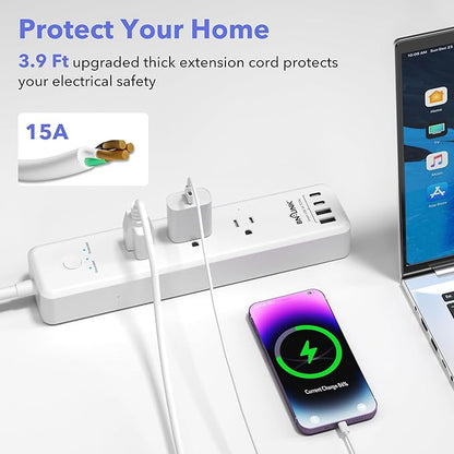 BN-LINK Remote Control Power Strip with 3 Independent Outlets，4 USBs (incl. 20W USB-C), 3.9Ft Extension Cord, 15A/1875W Overload Protection, Wall Mount, for Home, Office, ETL Listed, 1200J