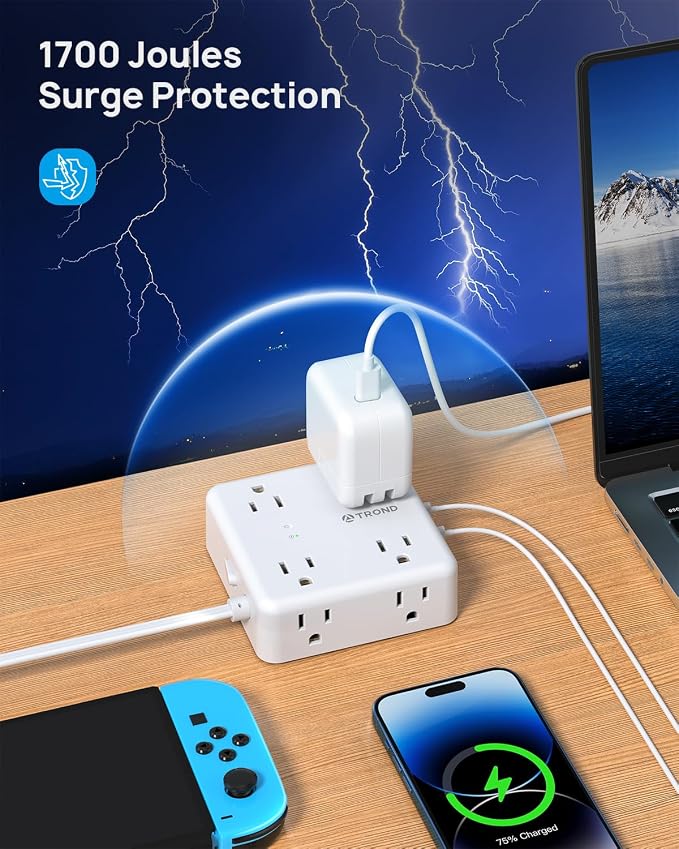 TROND 5ft Flat Extension Cord with 2 USB C, Ultra Thin Flat Plug Power Strip, 8 Widely Outlets and 4 USB Ports, 1700J Surge Protector, Extension Cord for Office, Travel, Home, White