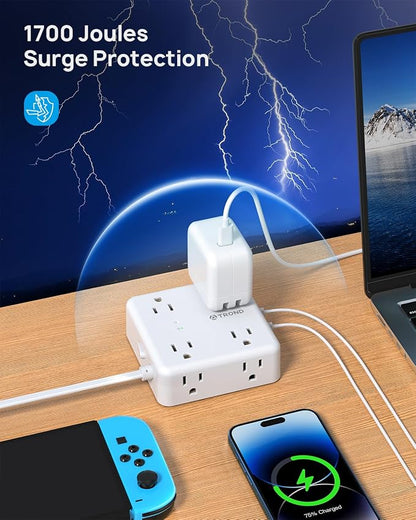 TROND 5ft Flat Extension Cord with 2 USB C, Ultra Thin Flat Plug Power Strip, 8 Widely Outlets and 4 USB Ports, 1700J Surge Protector, Extension Cord for Office, Travel, Home, White