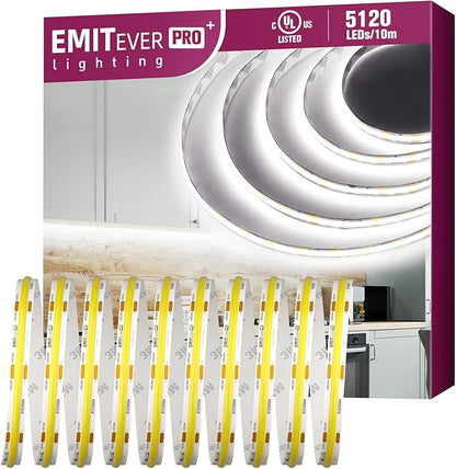 EMITEVER COB LED Strip Lights White, 5000K Tape Light Premium High Density, DC 24V, 360+Lumens/ft, 5120LEDs/Spool, Ra 90+, 32.8ft/10m, UL Listed 5 Year After-Service(Power Supply Sold Separately)