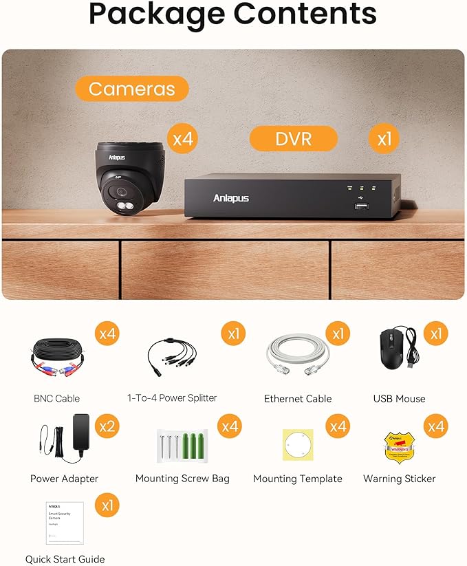 Anlapus 4K Home Security Camera System Outdoor Indoor, H.265+ 8CH CCTV DVR with AI Human Vehicle Detection, 4 x Wired Surveillance Dome Camera, 80ft Night Vision, Audio Recording, Remote Access