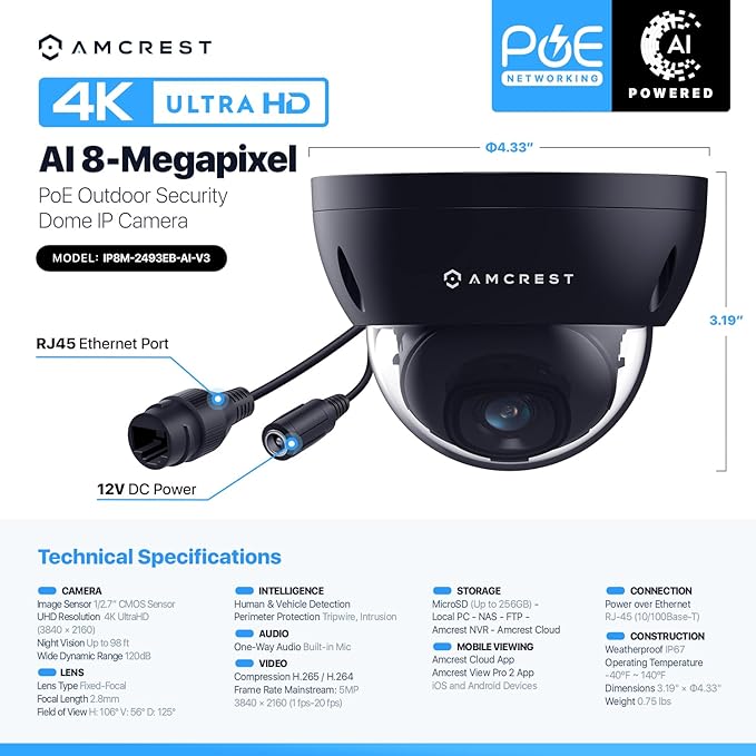 Amcrest UltraHD 4K (8MP) Dome POE IP Camera, 3840x2160, 98ft NightVision, 2.8mm Lens, IP67 Weatherproof, 125° FOV, 256GB MicroSD Recording, Black (IP8M-2493EB-AI-V3)