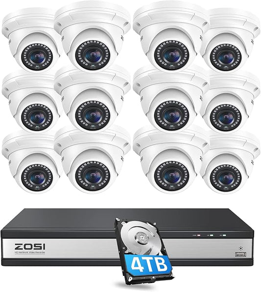 ZOSI 4K 16 Channel POE Security Camera System with 4TB HDD, 12pcs 5MP Outdoor Indoor Dome PoE IP Camera, 16CH 8MP Surveillance NVR Recorder,80ft Night Vision,Remote Access,for Home 24-7 Recording