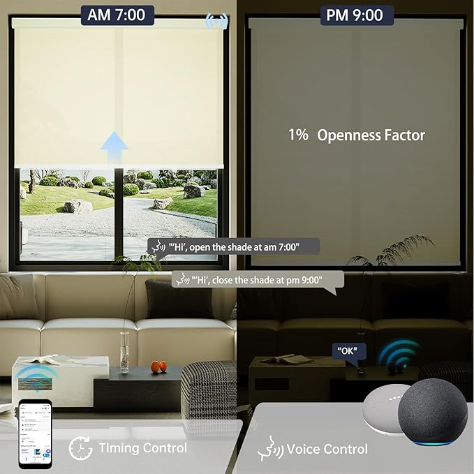 Motorized Solar Shades, Light Filtering Smart Blinds for Windows Automatic Blinds Compatible with Alexa, Falme Resistant Roller Shades Customized for Office Living Room (1% Openness Beige)