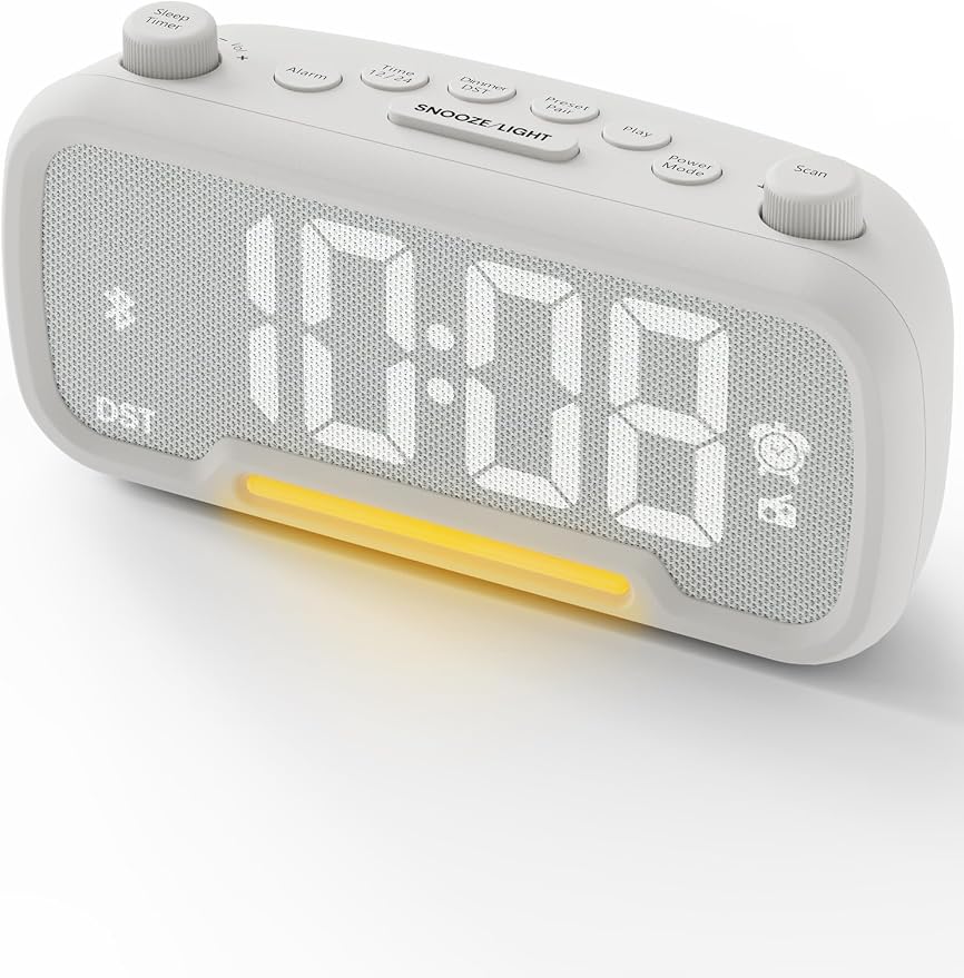 ROCAM Clock Radio, FM Radio Alarm Clock for Bedroom Modern Design, Auto Scan 20 Presets Auto-Off Sleep Timer, Bluetooth Speaker, Night Light, USB Ports, Brightness Dimmer