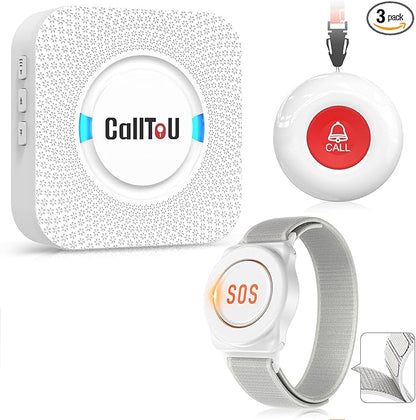CallToU Caregiver Pager Wireless Call Button Nurse Alert System 500+ Feet for Home/Elderly/Patient/Disabled 06WS (1 Receiver 1 Round Button 1 Watch Button(3 Piece))