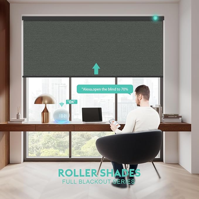 Motorized Blinds with Remote, Blackout Smart Automatic Electric Blinds for Indoor Windows, Cordless Motorized Roller Shades with Custom Size（Dark Linen）