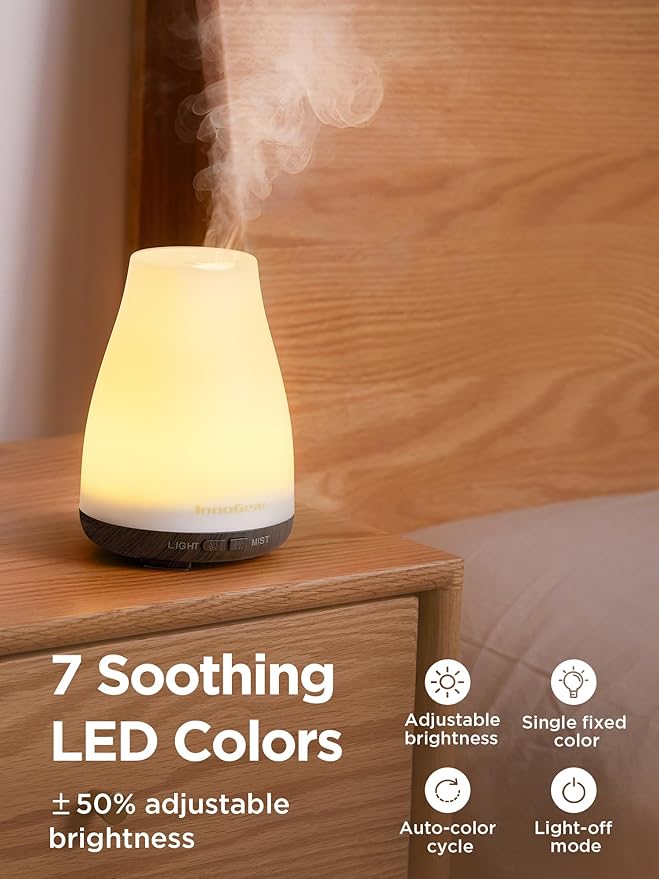 InnoGear Essential Oil Diffuser, Ultrasonic Diffusers for Home Aromatherapy Humidifier for Mother's Gift Bedroom Room 7 Colors LED 2 Mist Mode Auto Off, Brown Base