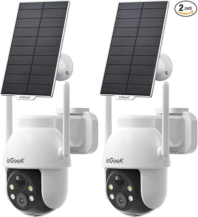 ieGeek Solar Security Cameras Wireless Outdoor, 2K WiFi Camera for Home Security System, Battery Powered Surveillance Cam with 360°PTZ Color Night Vision, PIR Motion Sensor, Works with Alexa (2 Pack)