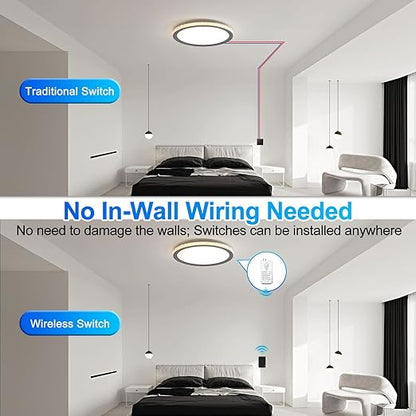 NineLeaf No Wiring Light Switch,Black Wireless Light Switch Kit Remote Control Light Switch No WiFi Needed for Renters DIY Outdoor 1969ft Indoor 328ft 1000W LED, Ceiling Lamps(3Switches 5Receivers)