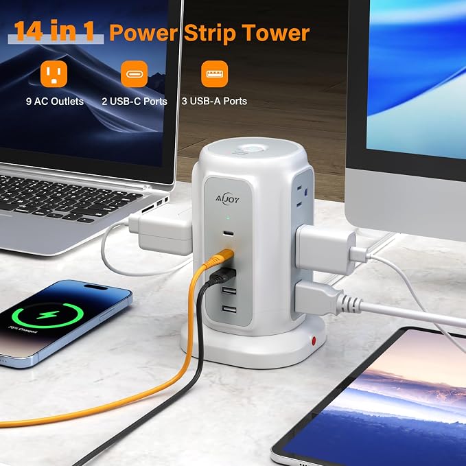 AiJoy 10FT Flat Plug Power Strip Tower with 9 AC Outlets and 5 USB Ports | 1200J Surge Protector Power Strip Outlet Extender Charging Station for Home, Office Supplies, Dorm Essentials