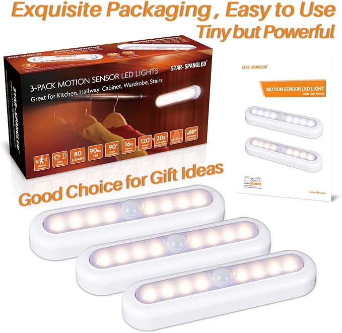 STAR-SPANGLED 9 Pack 7” Motion Sensor Lights Indoor Battery Operated, Stick on LED Light for Closet, Stairs, Under Cabinet, Warm White