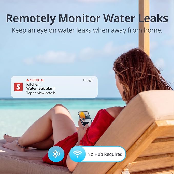 SwitchBot WiFi Water Leak Detector, Smart Water Sensor with 100dB Adjustable Alarm&App Alerts, IP67 Waterproof, Detector for Home with Cable, No Hub Required (Support 2.4G) (White, Pack, 1)