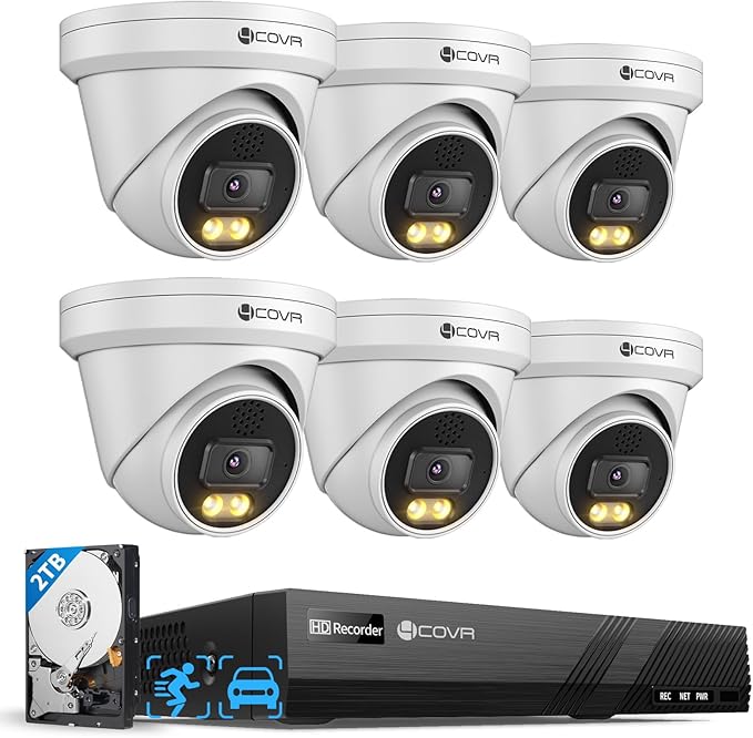 4COVR PoE Security Camera System 4K, 2 Way Audio Talk & Smart Color Night Vision, Smart Human/Vehicle Detection, 8CH 8MP NVR 2TB HDD, 6X 8MP Dome IP Camera IP67, 24/7 Recording, LY97KA8M0806