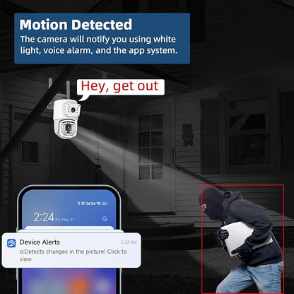 Dual Lens Outdoor PTZ Security Camera,4MP WiFi Surveillance Camera with Night Vision, Motion Detection, Human Tracking & Detection, 355°View, SD/Cloud, 24/7 Record, White,