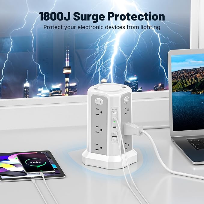 PASSUS PD 65W USB C Fast Desktop Charging Station, Tower Power Strip Surge Protector with 12 Widely Spaced AC Outlets|4 USB C|1 USB A, 10FT Extension Cord Overload Protection for Home Office Dorm