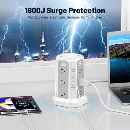 PASSUS PD 65W USB C Fast Desktop Charging Station, Tower Power Strip Surge Protector with 12 Widely Spaced AC Outlets|4 USB C|1 USB A, 10FT Extension Cord Overload Protection for Home Office Dorm
