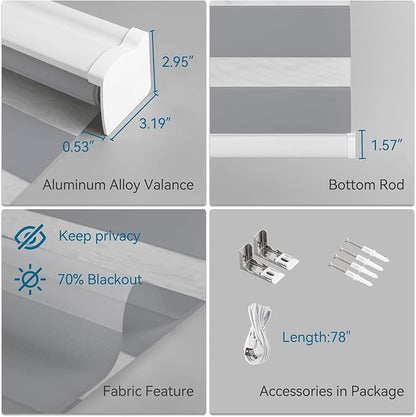 Interior Window Shades, Smart Dual Layer Light Filtering Blinds Compatible with Alexa & Google Home, Customized Size Cordless Electric Window Shades, (Gray, 70% Blackout)