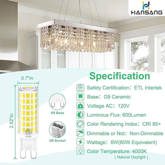 10-Pack G9 LED Bulbs 4000k Natural Daylight White, 6W 60W Equivalent, 600LM Warm White T4 Crystal Chandelier Lights, G9 Bi-Pin Ceramic Base, Non-Dimmable